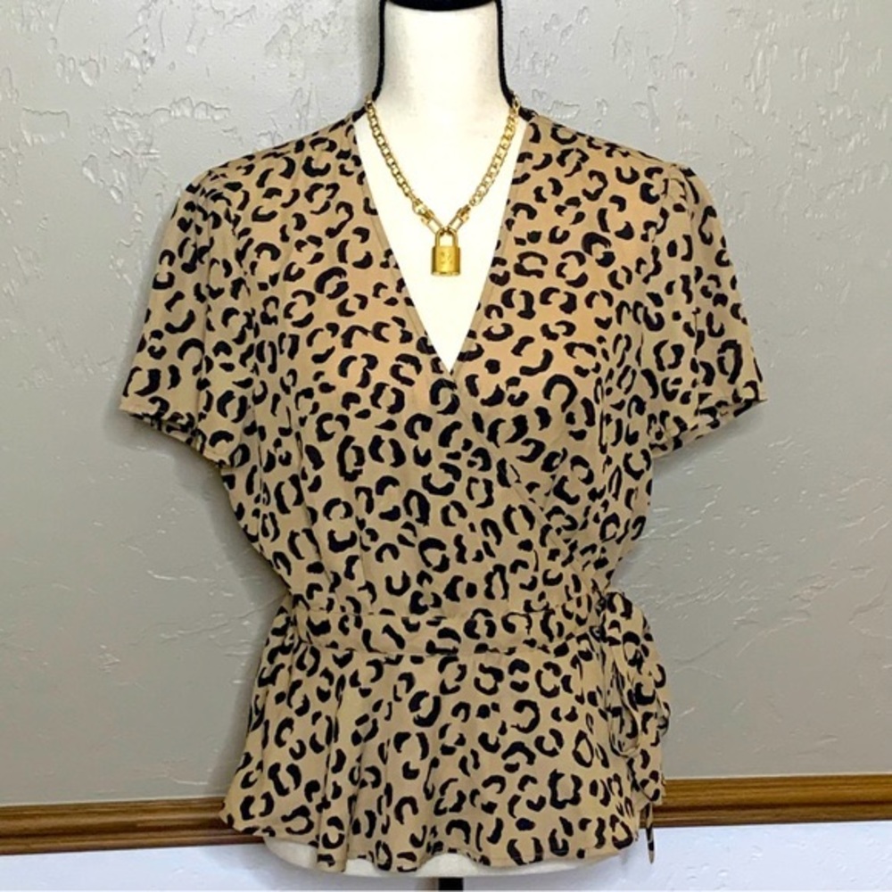 VIXBE Leopard Print Wrap Front Tie Waist Blouse NWOT Size L